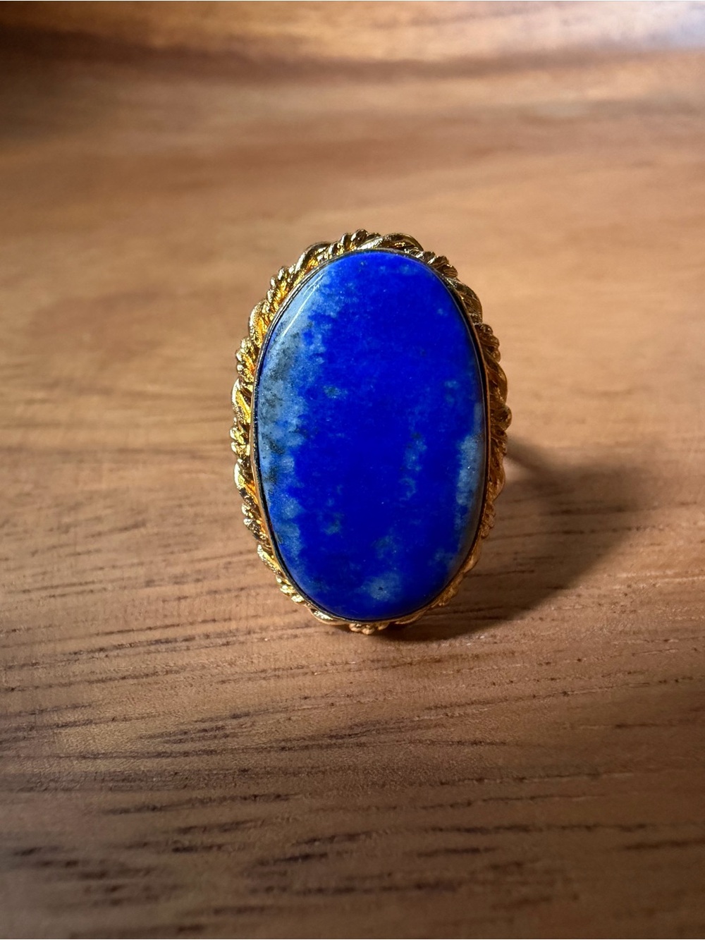Handmade Authentic Lapis Lazuli Statement Ring Gold Tone Size 10.5